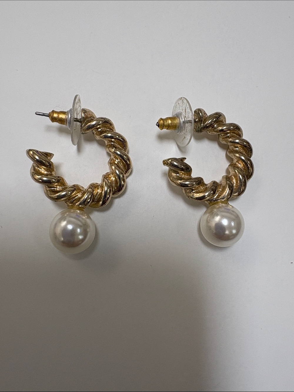 Gold Twisted Hoop Earrings with Pearl Drop Accent